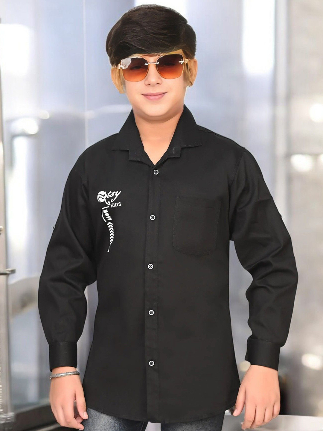 

Eliq Boys Original Cutaway Collar Graphic Printed Cotton Casual Shirt, Black