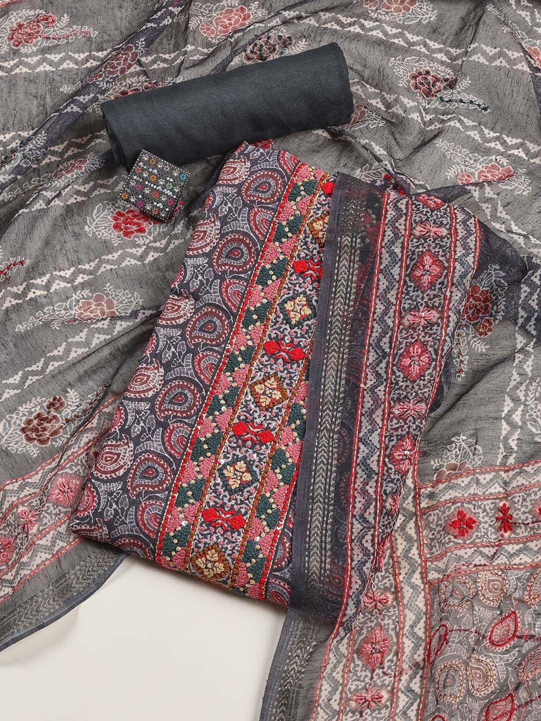 

Meena Bazaar Printed Art Silk Unstitched Dress Material, Grey