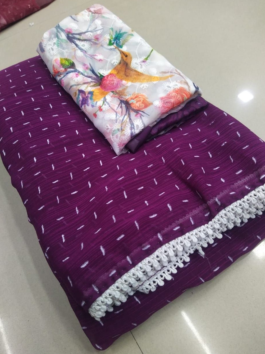 

BAESD Printed Pure Georgette Saree with Lace Work Border, Purple