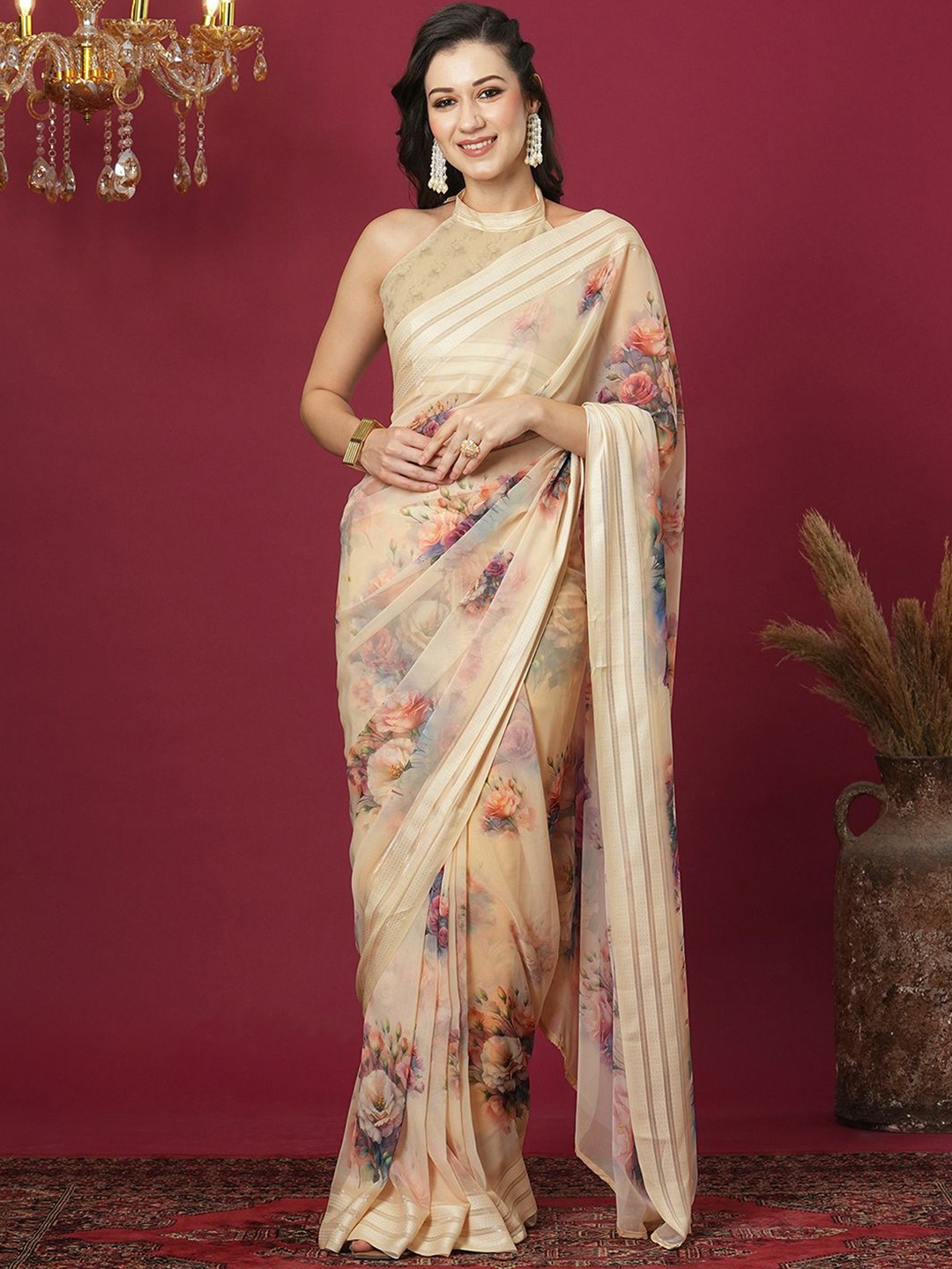 

Mitera Floral Printed Pure Georgette Saree, Cream