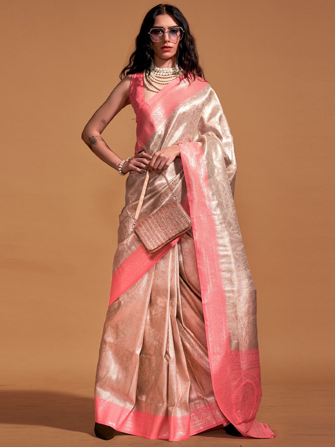 

PEENGAX Woven Design Zari Silk Blend Saree, Cream
