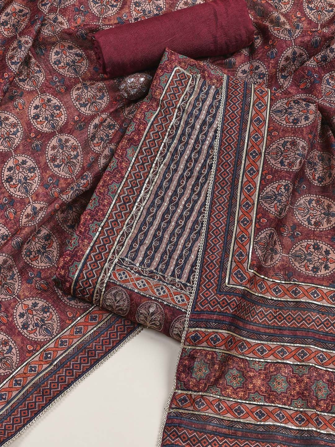 

Meena Bazaar Printed Unstitched Dress Material, Burgundy