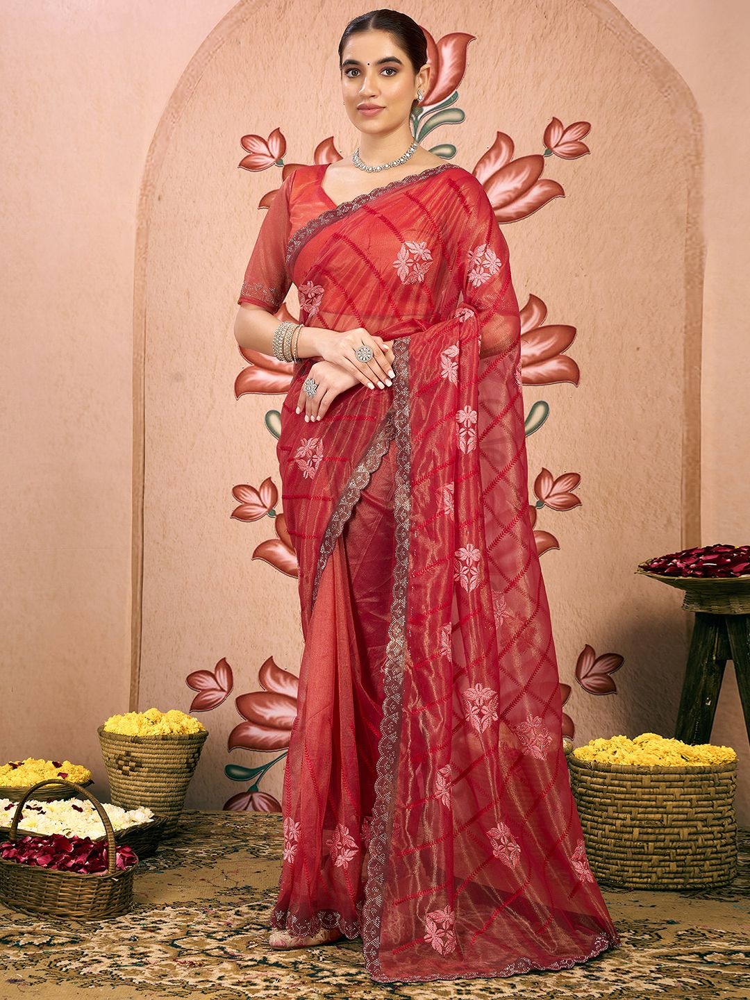 

Mitera Embellished Beads and Stones Net Saree, Red