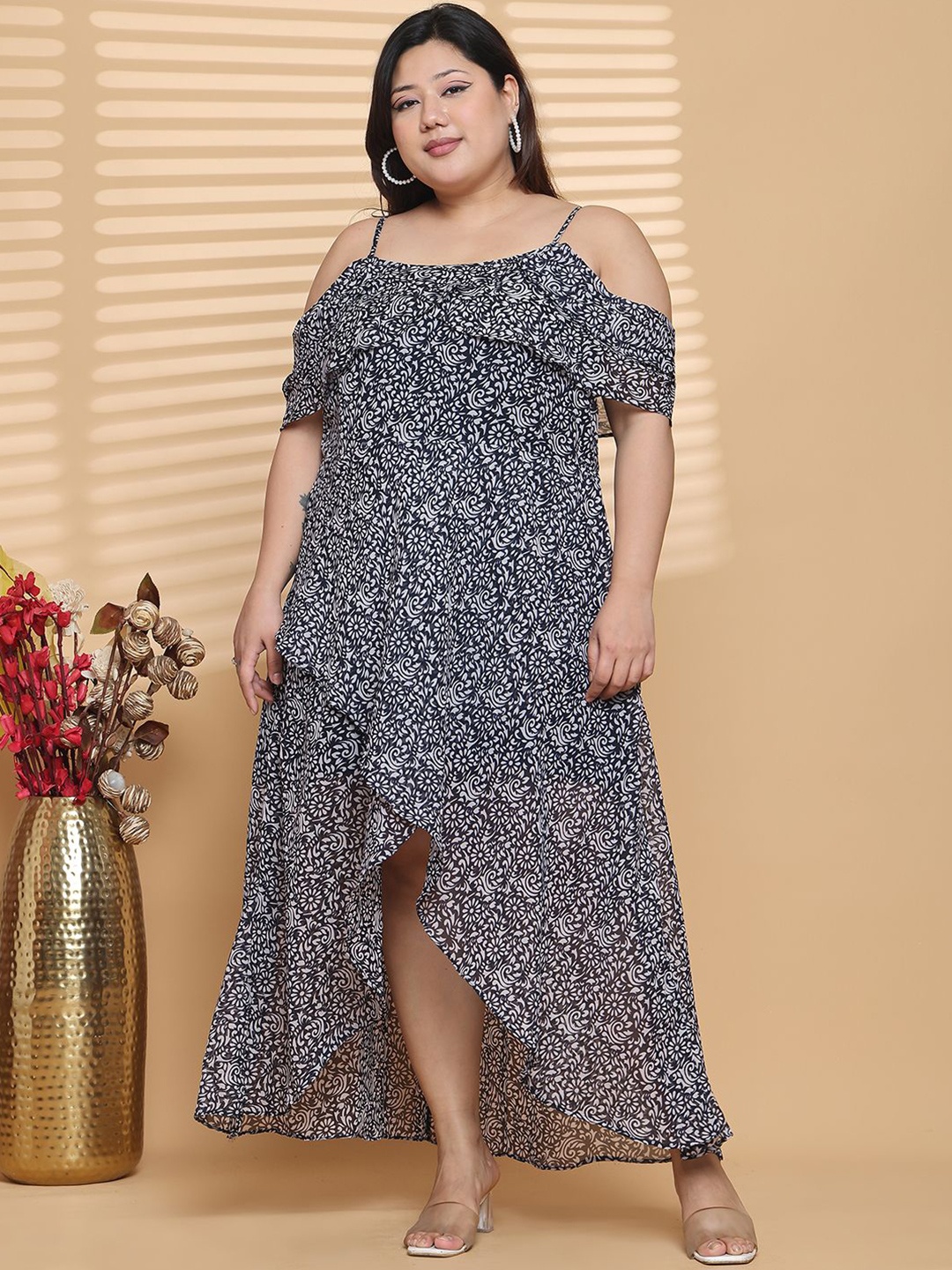 

theRebelinme Floral Print Layered Georgette A-Line Maxi Dress, Navy blue