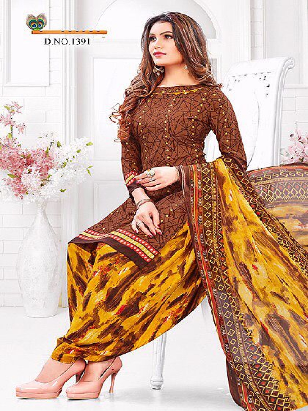 

KALINI Geometric Printed Unstitched Dress Material, Brown