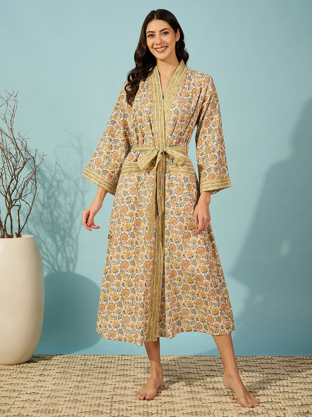 

The Kaftan Company Women Floral Printed Pure Cotton Nightdress, Yellow