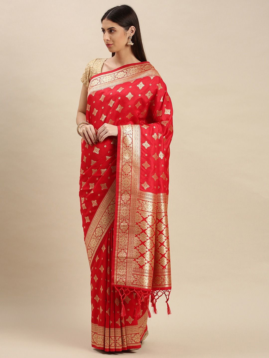 

flaher Woven Design Zari Art Silk Banarasi Saree, Red