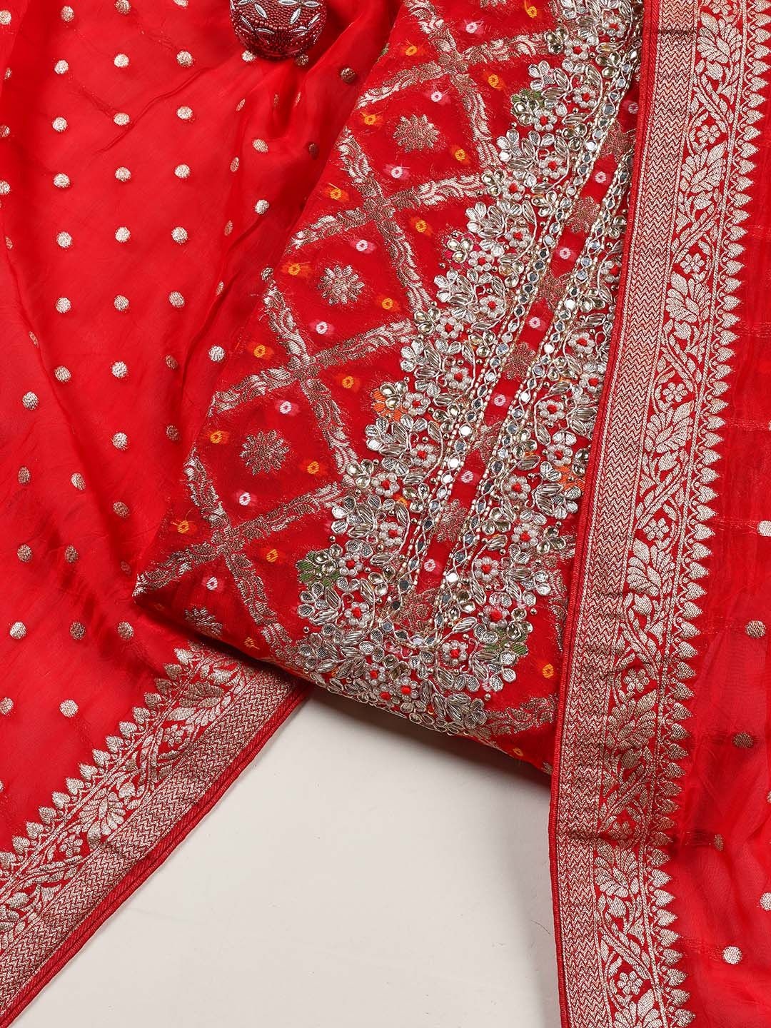 

Meena Bazaar Unstitched Dress Material, Red