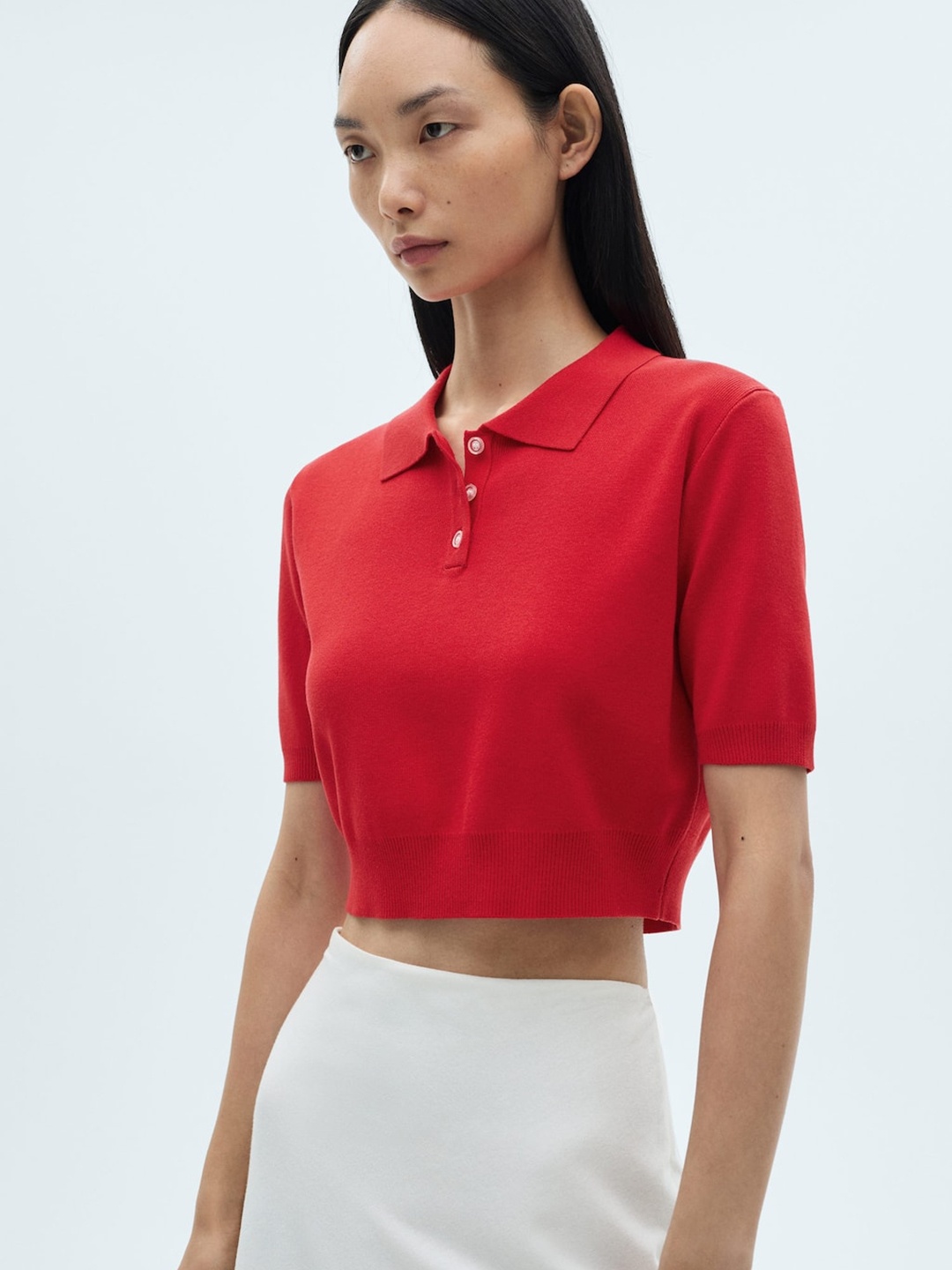 

MANGO Women Polo Collar Knitted T-shirt, Red
