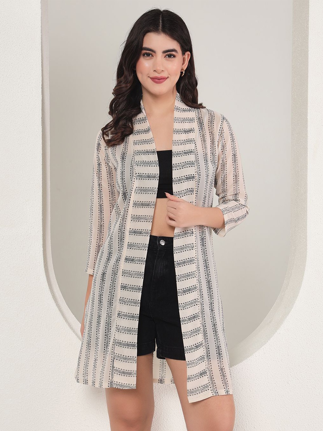 

TANDUL Women Printed Longline Open Front Shrug, White