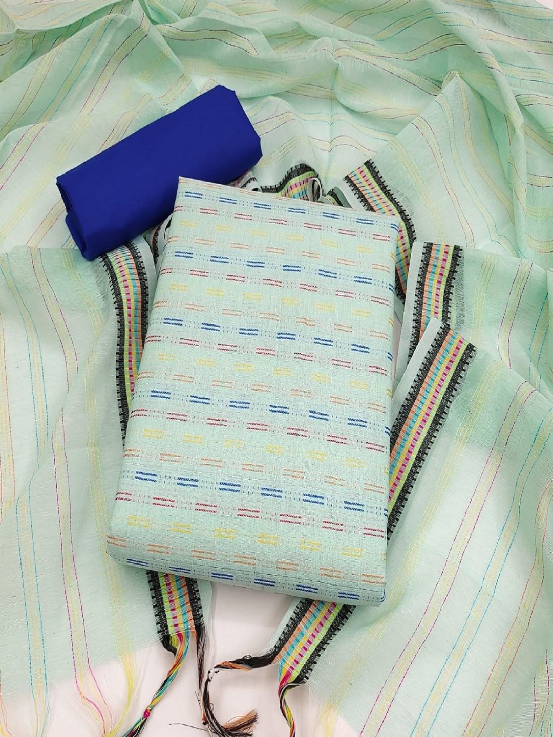 

A TO Z CART Striped Unstitched Dress Material, Sea green
