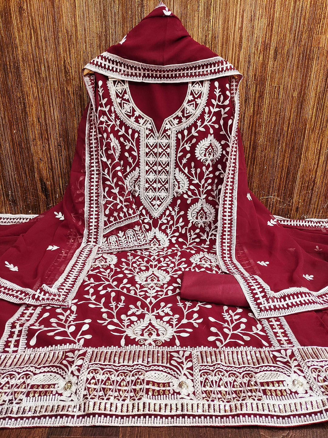 

KALINI Ethnic Motifs Embroidered Sequinned Silk Georgette Unstitched Dress Material, Maroon