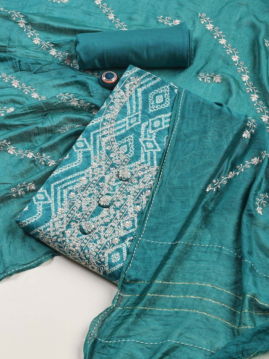 

Meena Bazaar Printed Unstitched Dress Material, Sea green