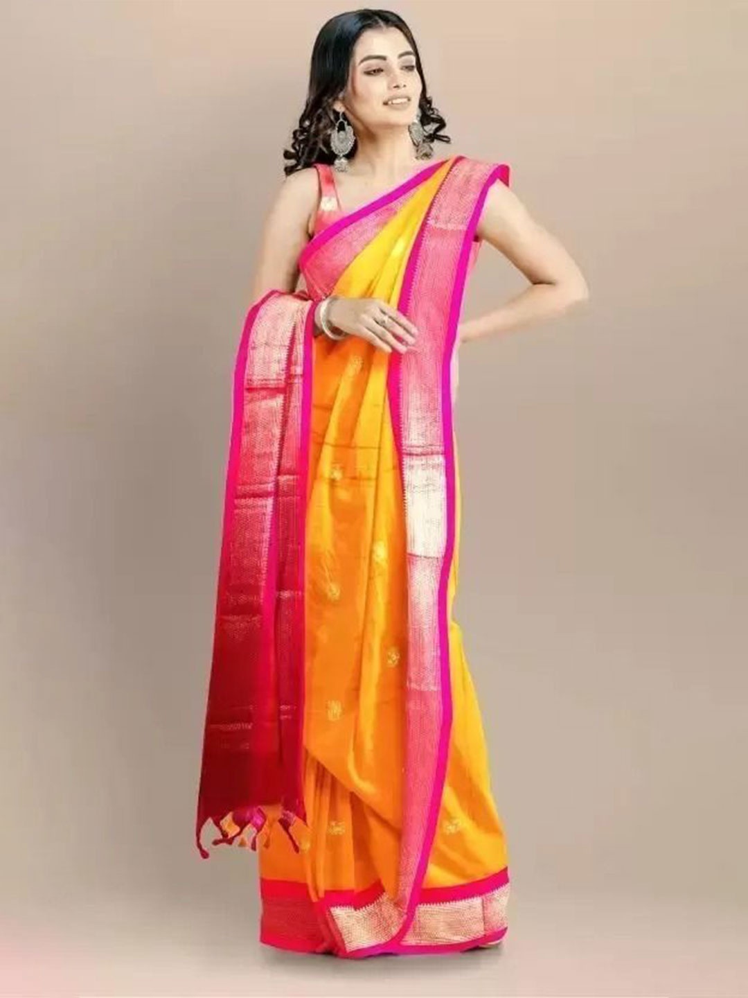 

Upalksh Ethnic Motifs Woven Design Zari Pure Cotton Paithani Saree, Yellow