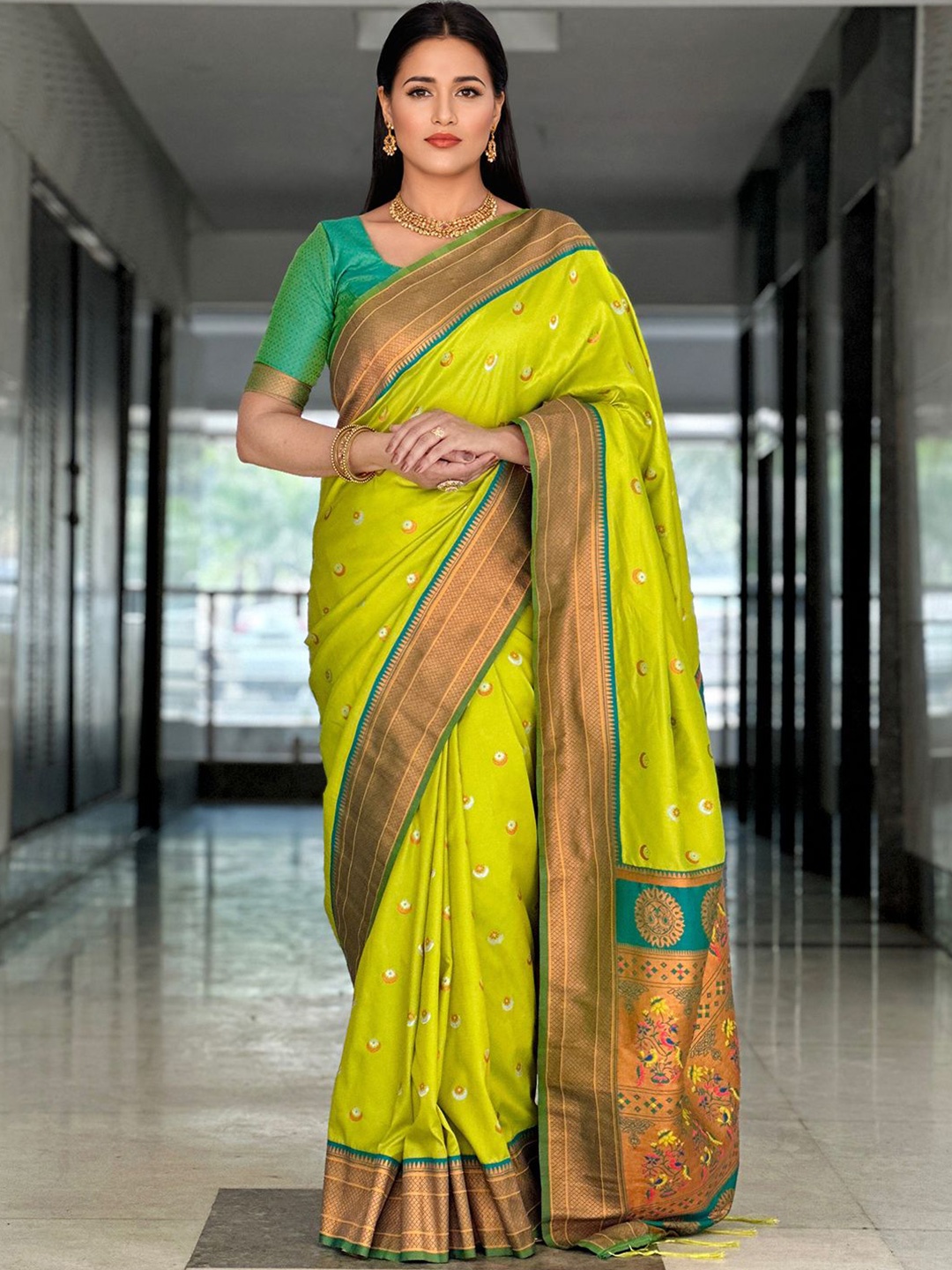 

Panzora Ethnic Motifs Woven Design Zari Paithani Saree, Green