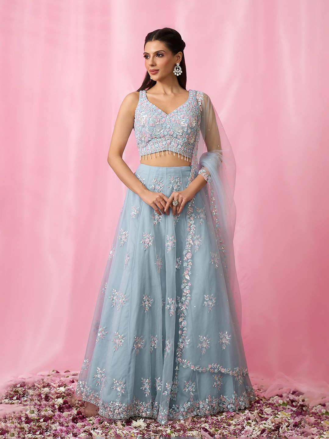 

Alaya Advani Embellished Sequinned Organza Ready to Wear Lehenga & Blouse With Dupatta, Blue