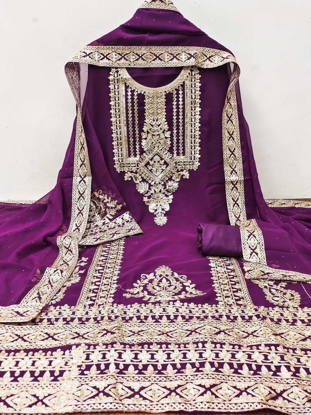 

KALINI Ethnic Motifs Embroidered Sequinned Silk Georgette Unstitched Dress Material, Purple