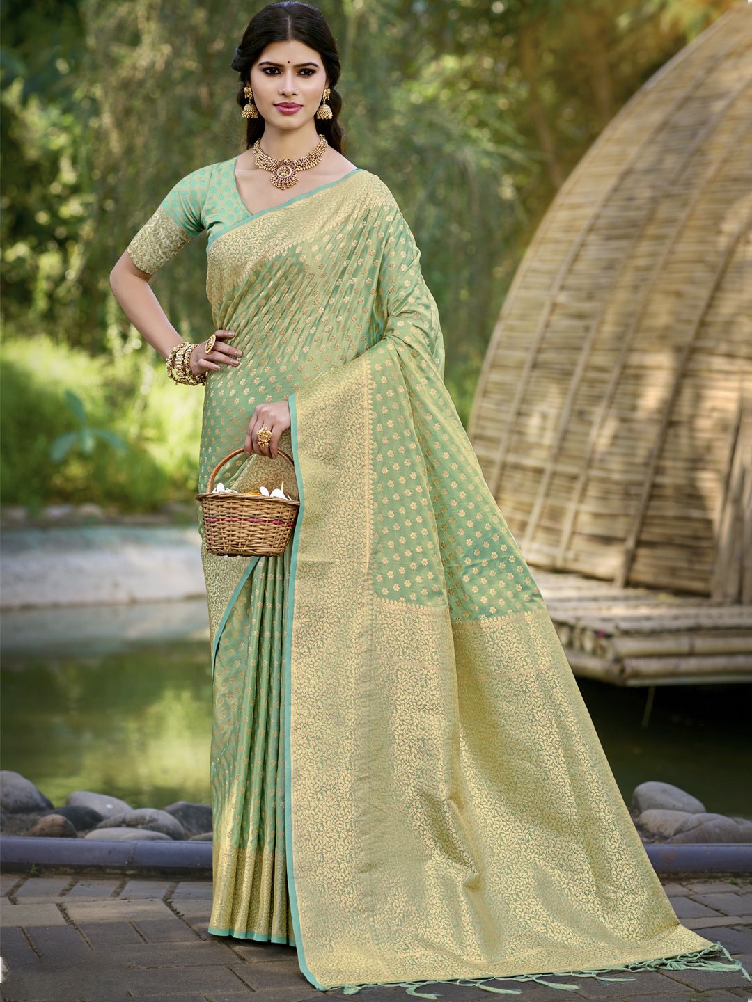 

SANGAM PRINTS Ethnic Motifs Woven Design Banarasi Saree, Green