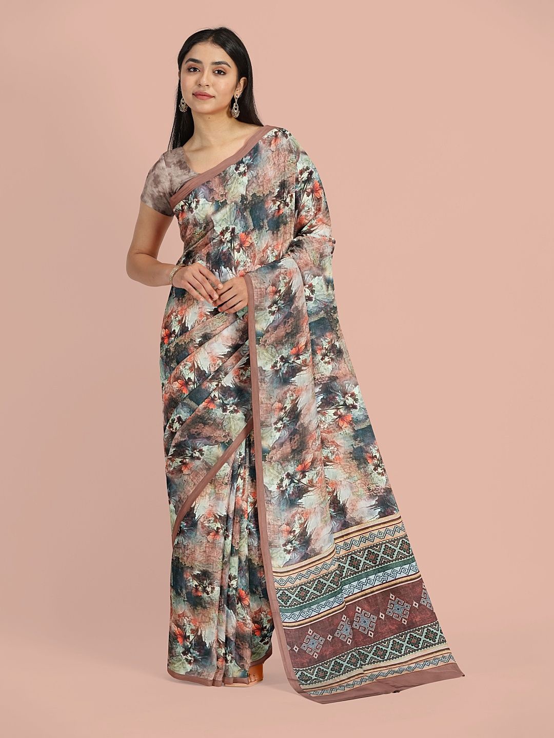 

Avyay Creation Floral Printed Saree with Blouse Piece, Brown