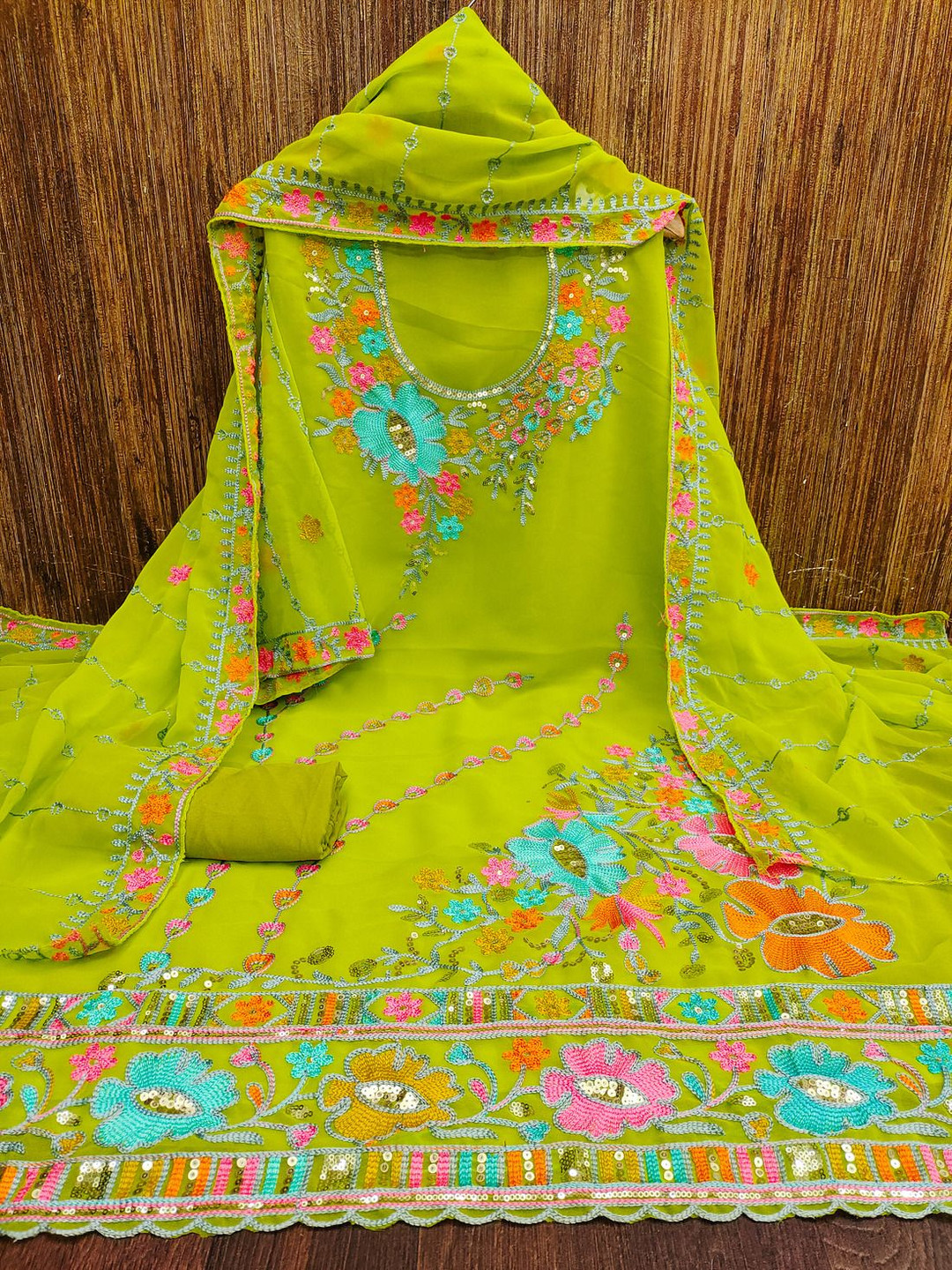 

A TO Z CART Floral Embroidered Sequinned Silk Georgette Unstitched Dress Material, Lime green