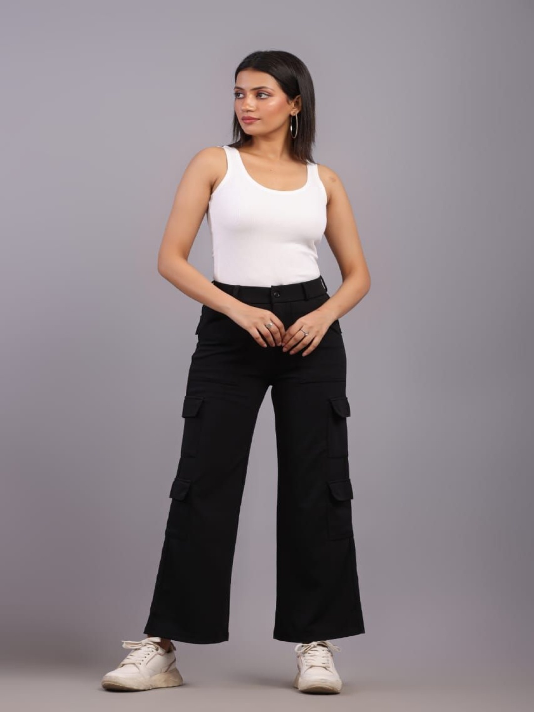 

HIGH BUY Women Comfort High-Rise Cargos Trousers, Black