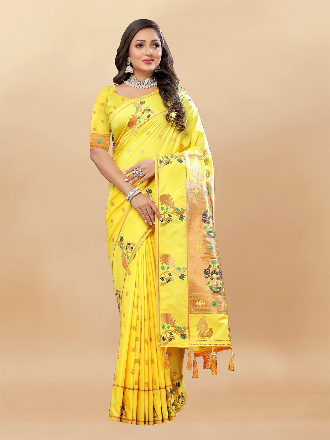 

Upalksh Floral Woven Design Pure Silk Paithani Saree, Yellow