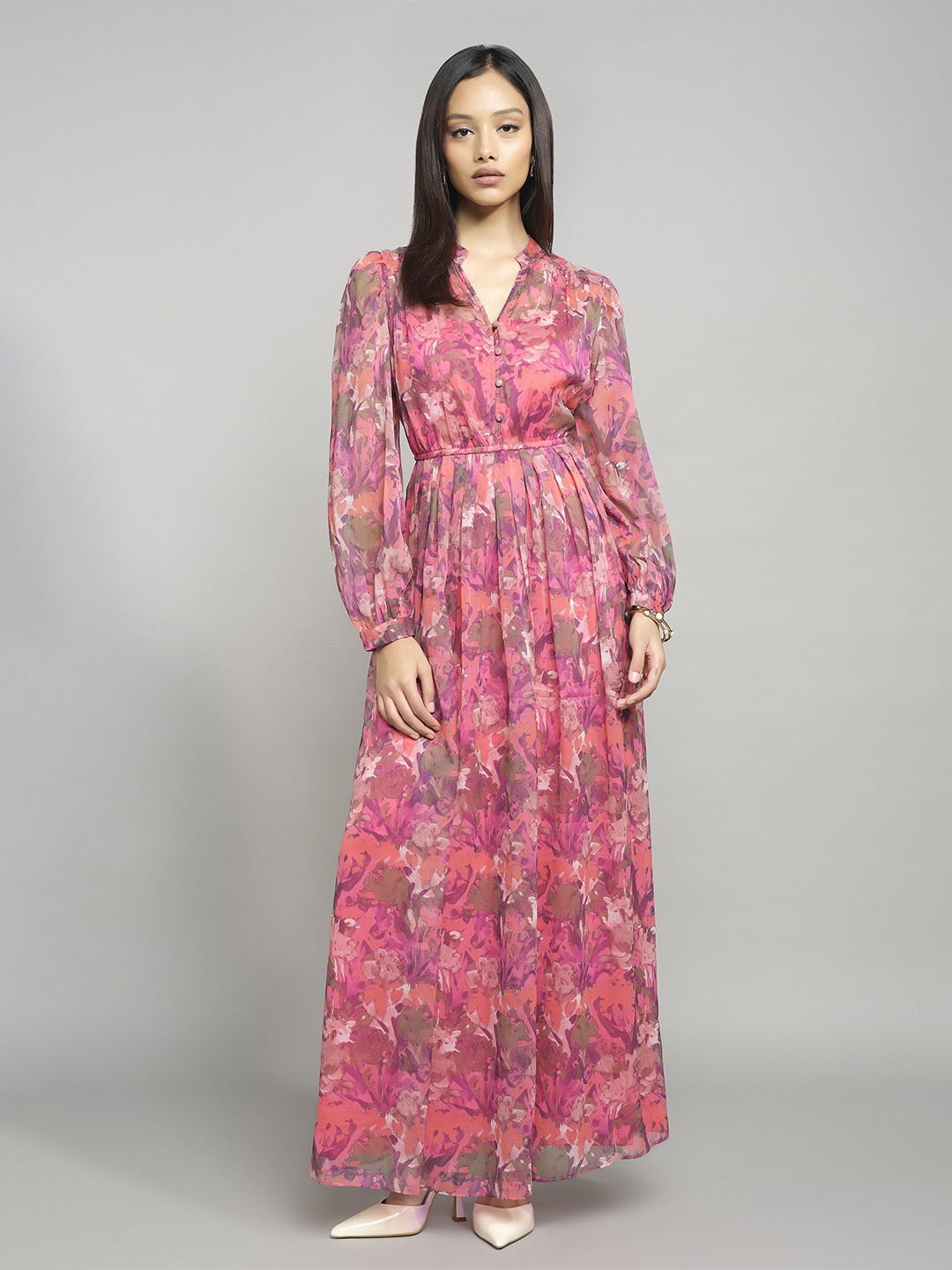 

AND Women Floral Printed Puff Sleeves Maxi Dress, Pink