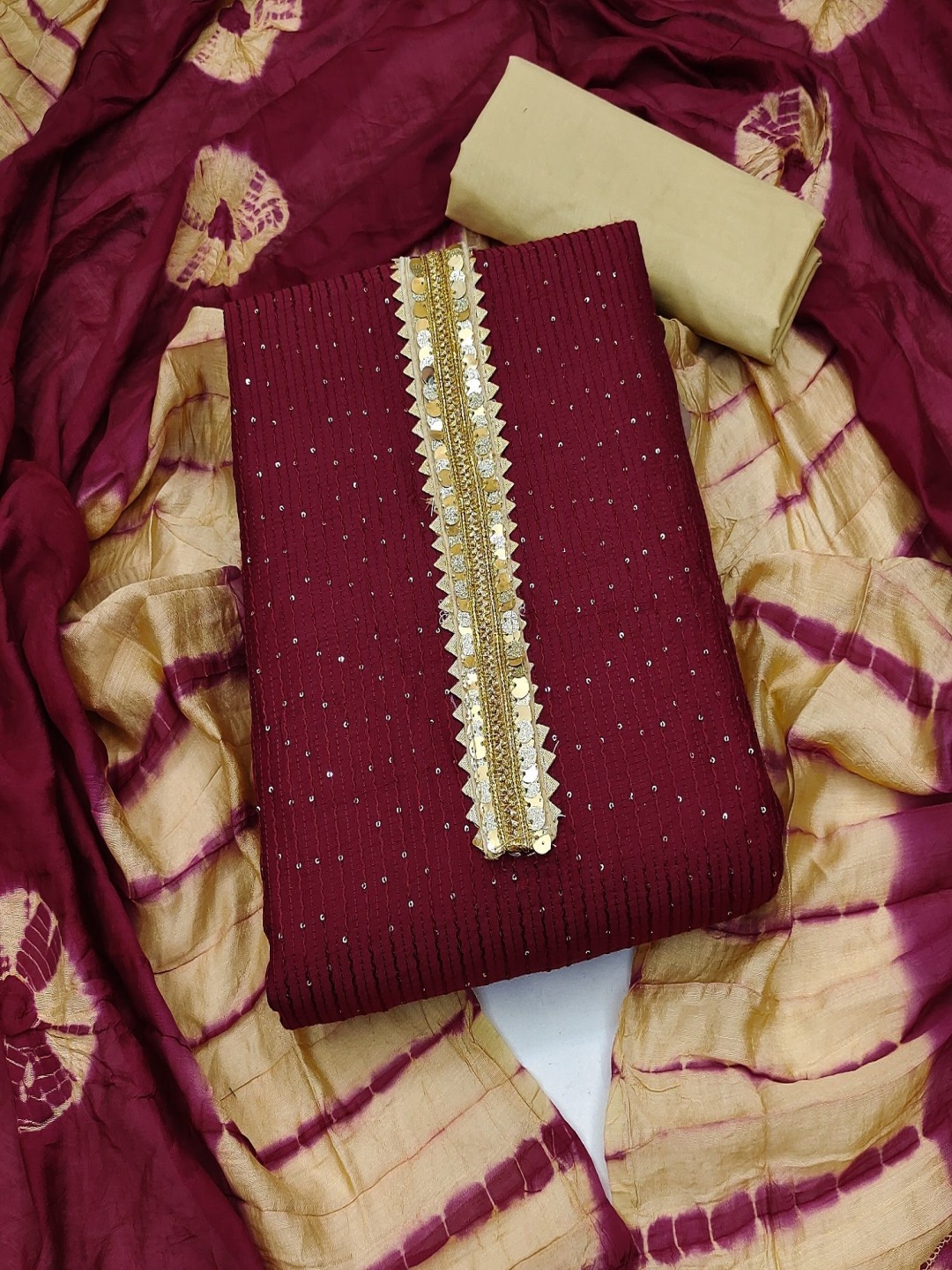 

A TO Z CART Striped Embroidered Sequinned Unstitched Dress Material, Maroon