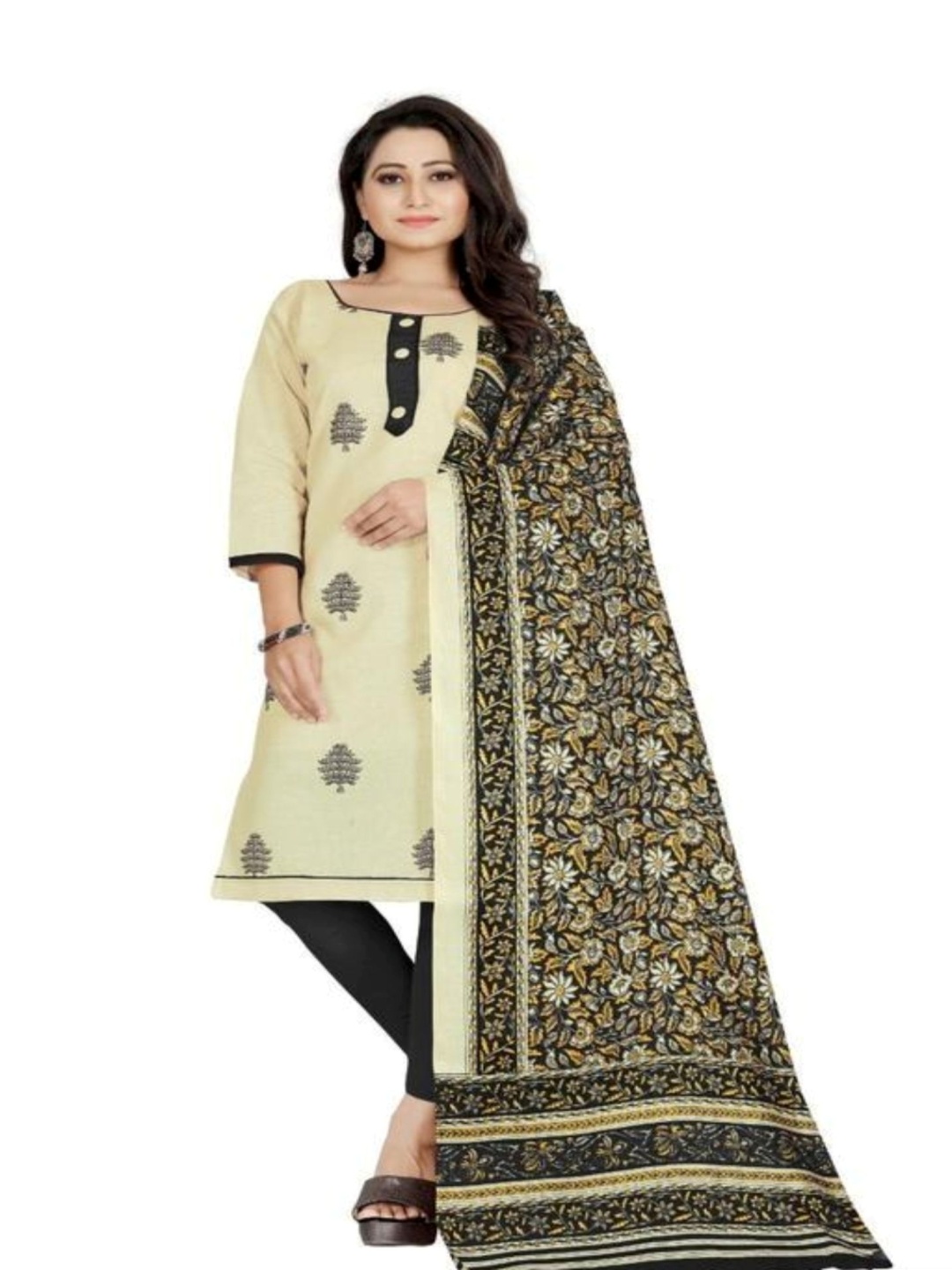 

A TO Z CART Floral Printed Pure Cotton Unstitched Dress Material, Black
