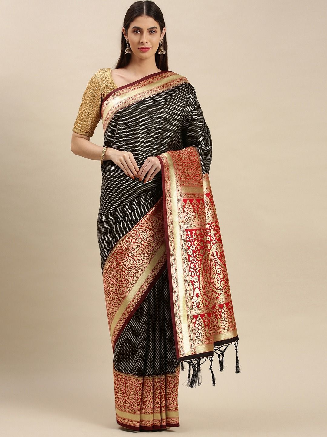 

flaher Woven Design Zari Art Silk Banarasi Saree, Black