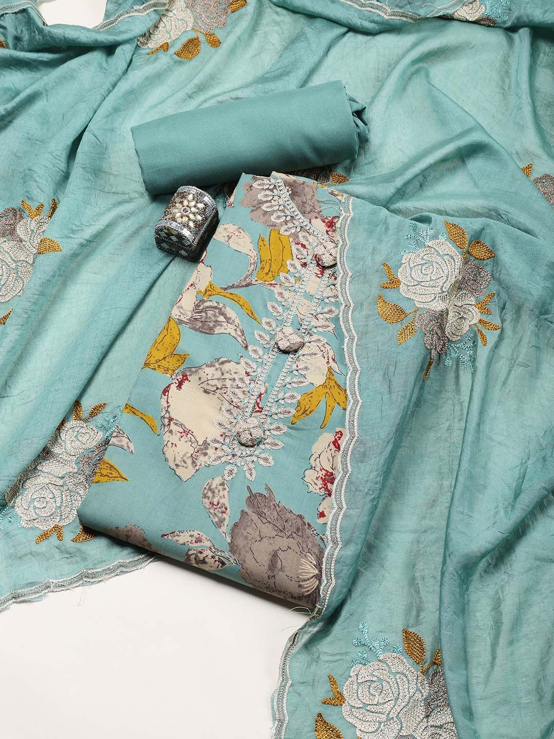 

Meena Bazaar Printed Unstitched Dress Material, Blue