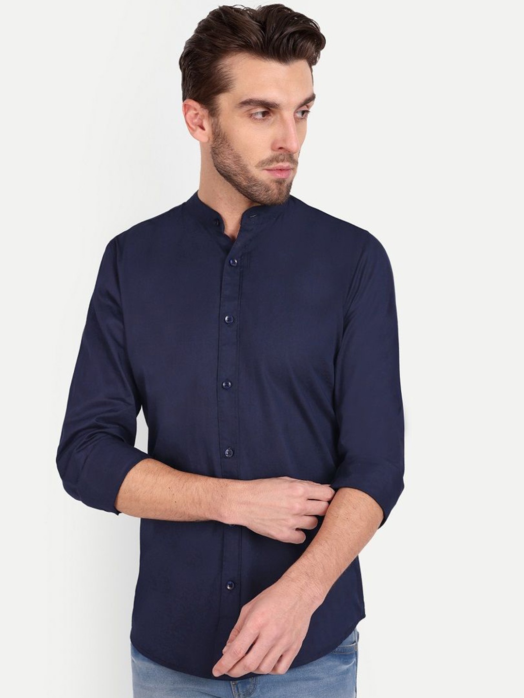 

Mast & Harbour Men India Slim Fit Band Collar Solid Cotton Casual Shirt, Navy blue