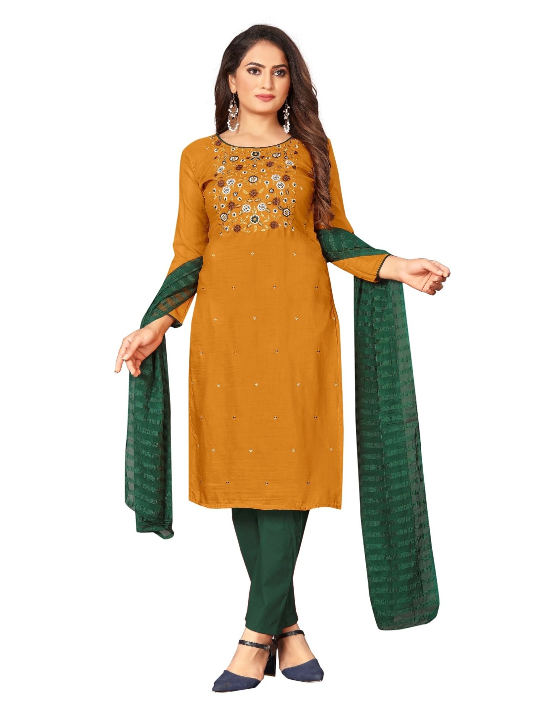

A TO Z CART Floral Embroidered Unstitched Dress Material, Mustard