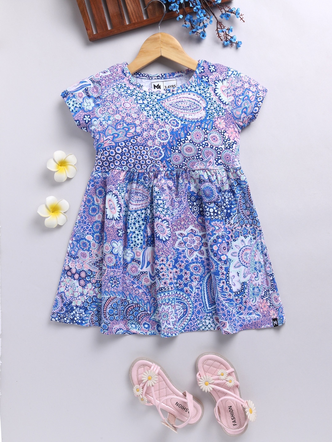 

YK X Minute Mirth Girls Bohemian Printed Fit & Flare Dress, Blue