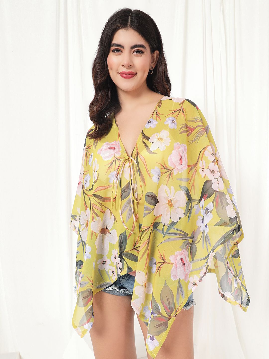 

TANDUL Women Floral Printed Tie-Up Shrug, Yellow