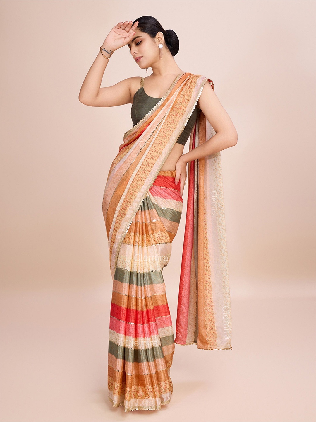 

FashionsEye Striped Sequinned Saree, Orange