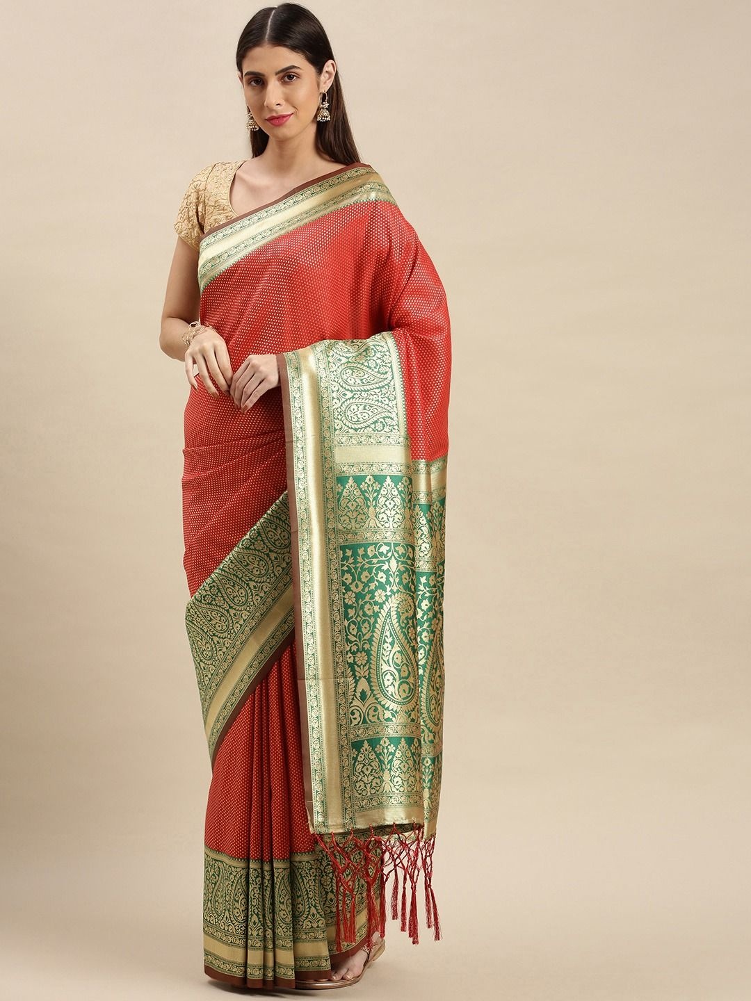 

flaher Woven Design Zar Banarasi Saree, Red