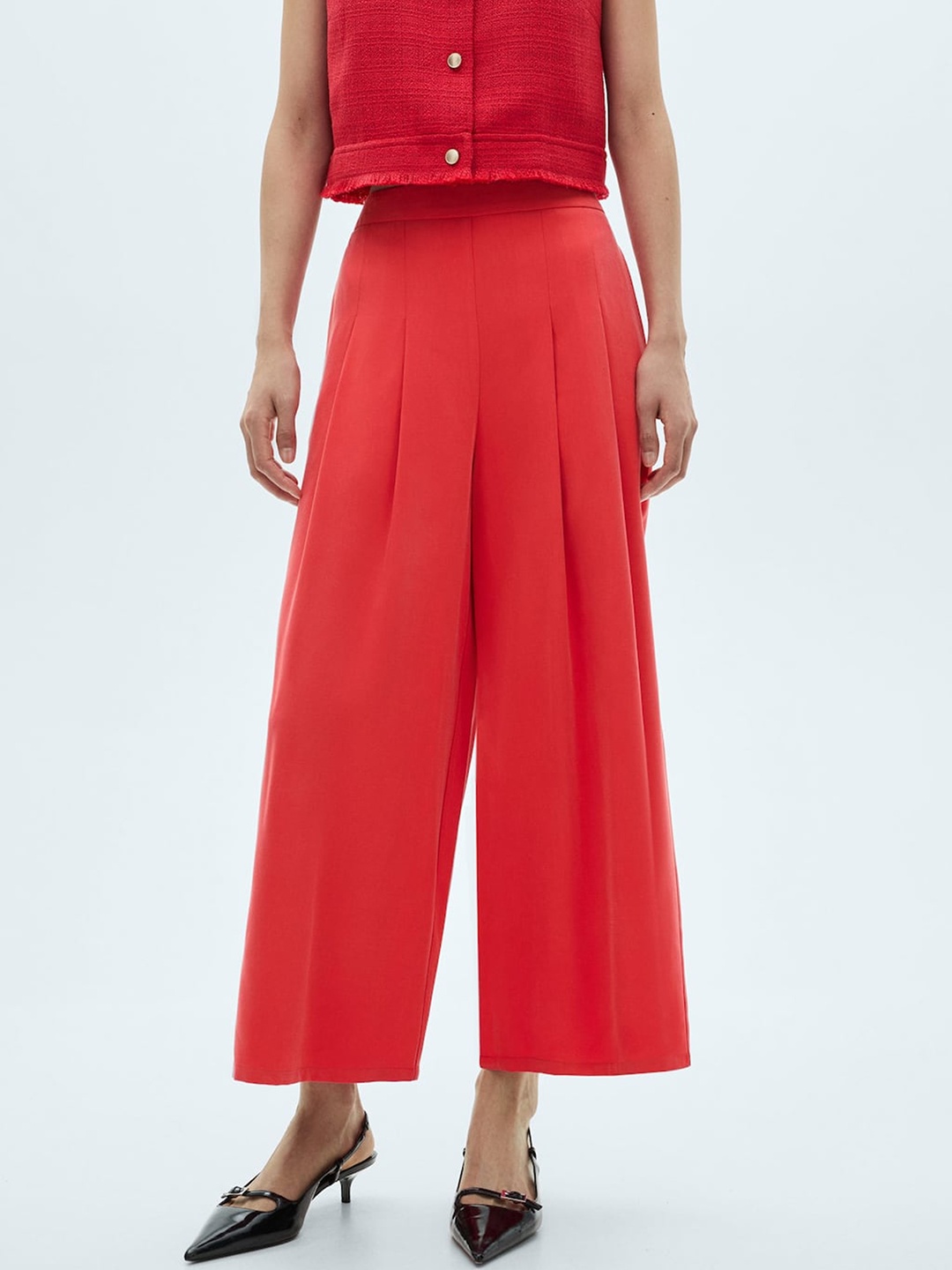 

MANGO Women Pleated Wide Leg Trousers, Red