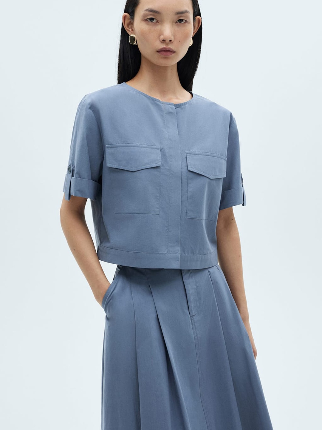 

MANGO Pocket Detailing Roll-Up Sleeves Pure Cotton Crop Shirt Style Top, Blue