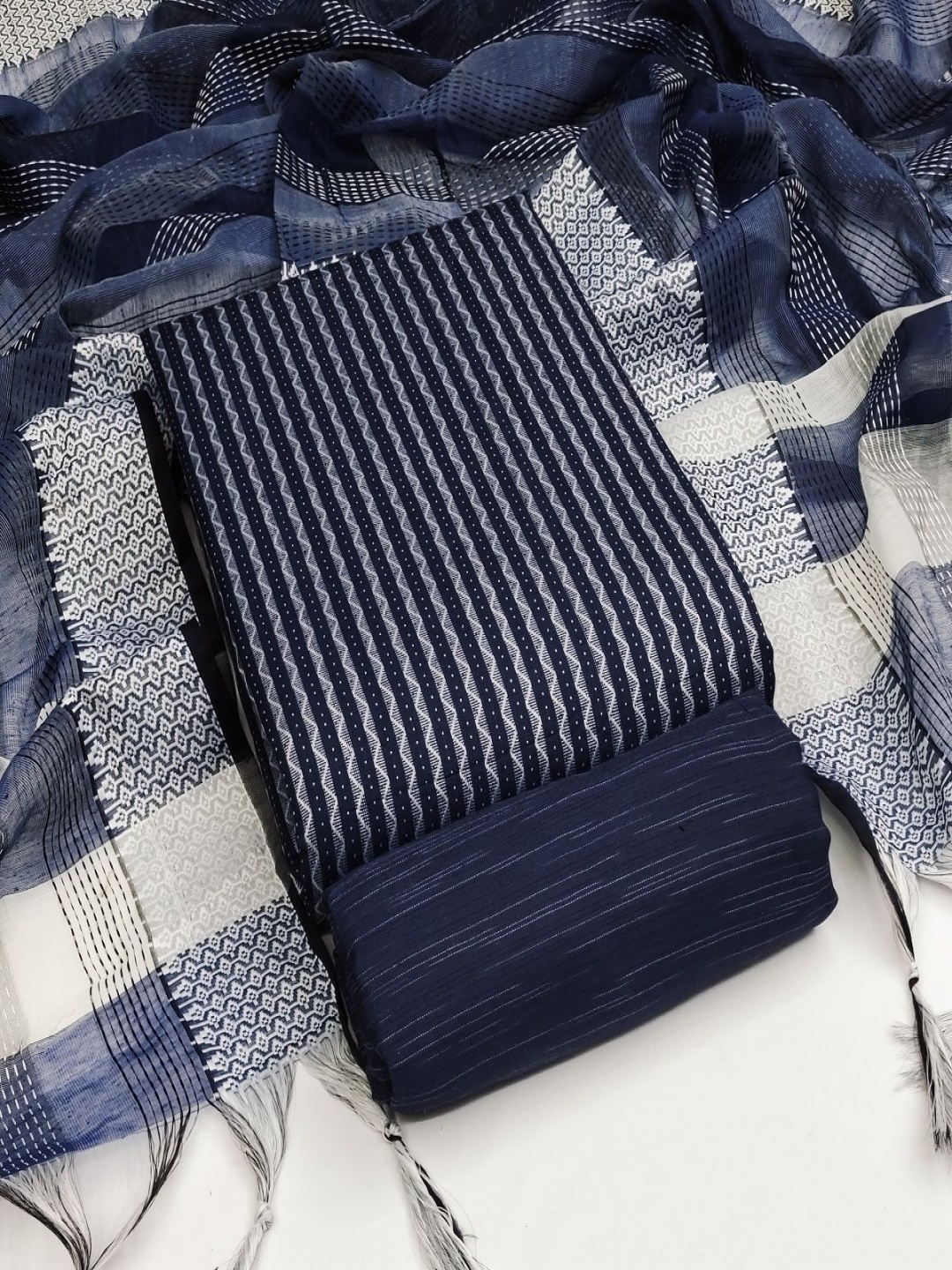 

A TO Z CART Striped Unstitched Dress Material, Navy blue