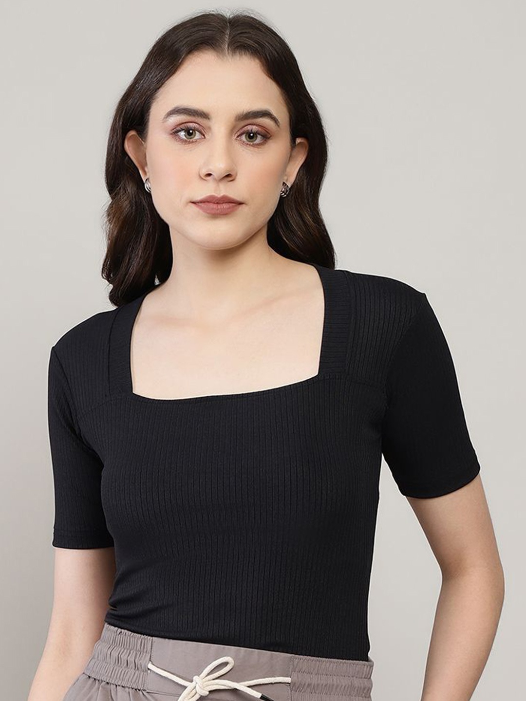 

AVANOVA Women Square Neck Sheer Fitted Top, Black