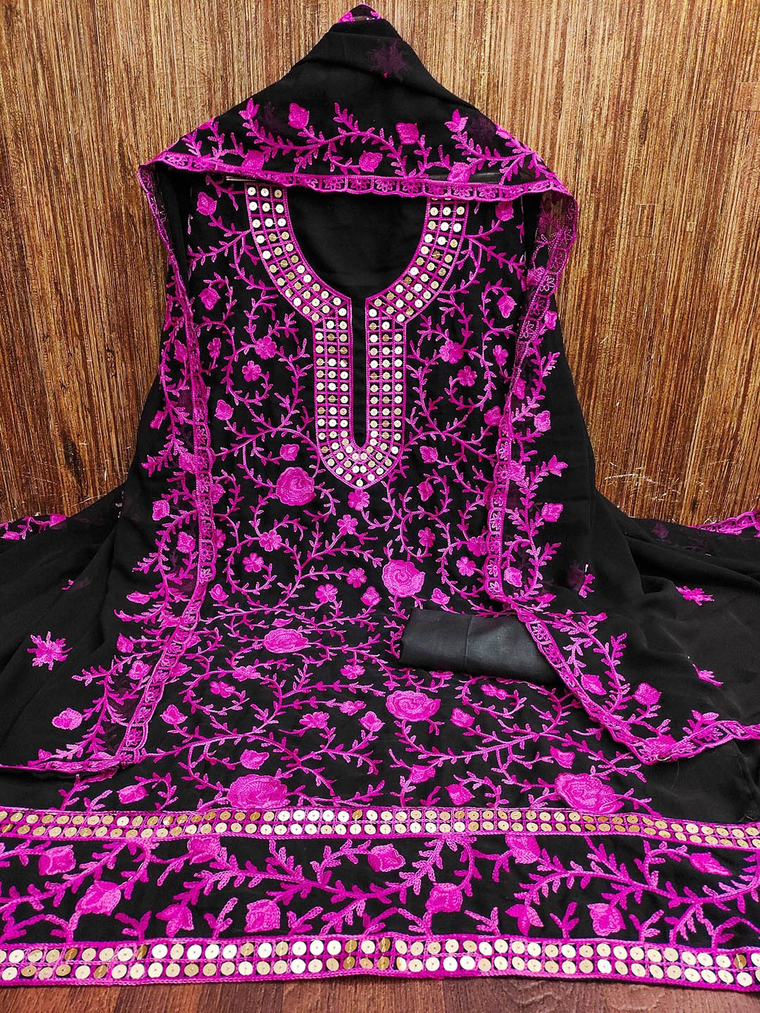 

KALINI Floral Embroidered Sequinned Silk Georgette Unstitched Dress Material, Magenta