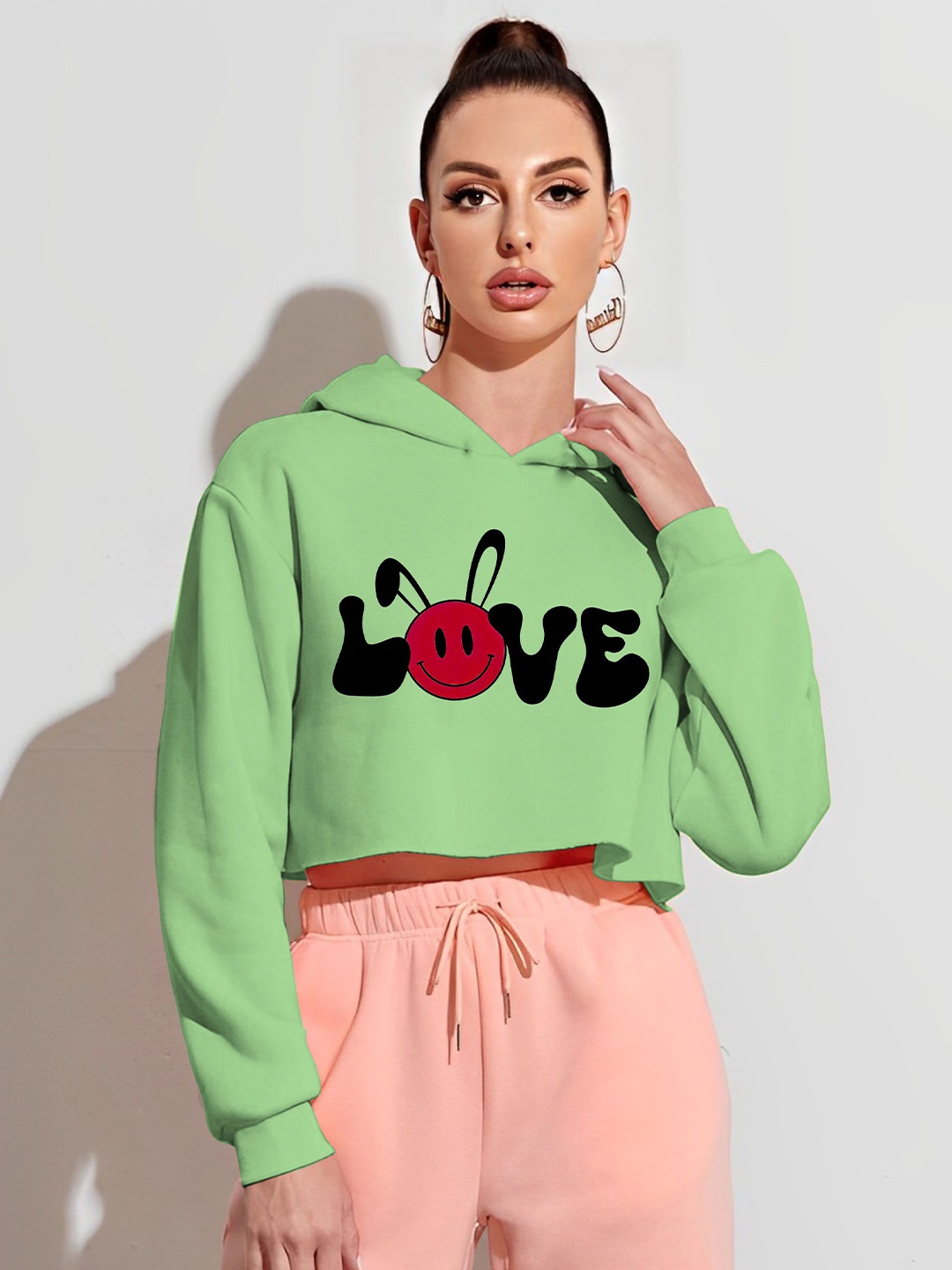 

Kushi Flyer Women Printed Hooded Crop Sweatshirt, Green