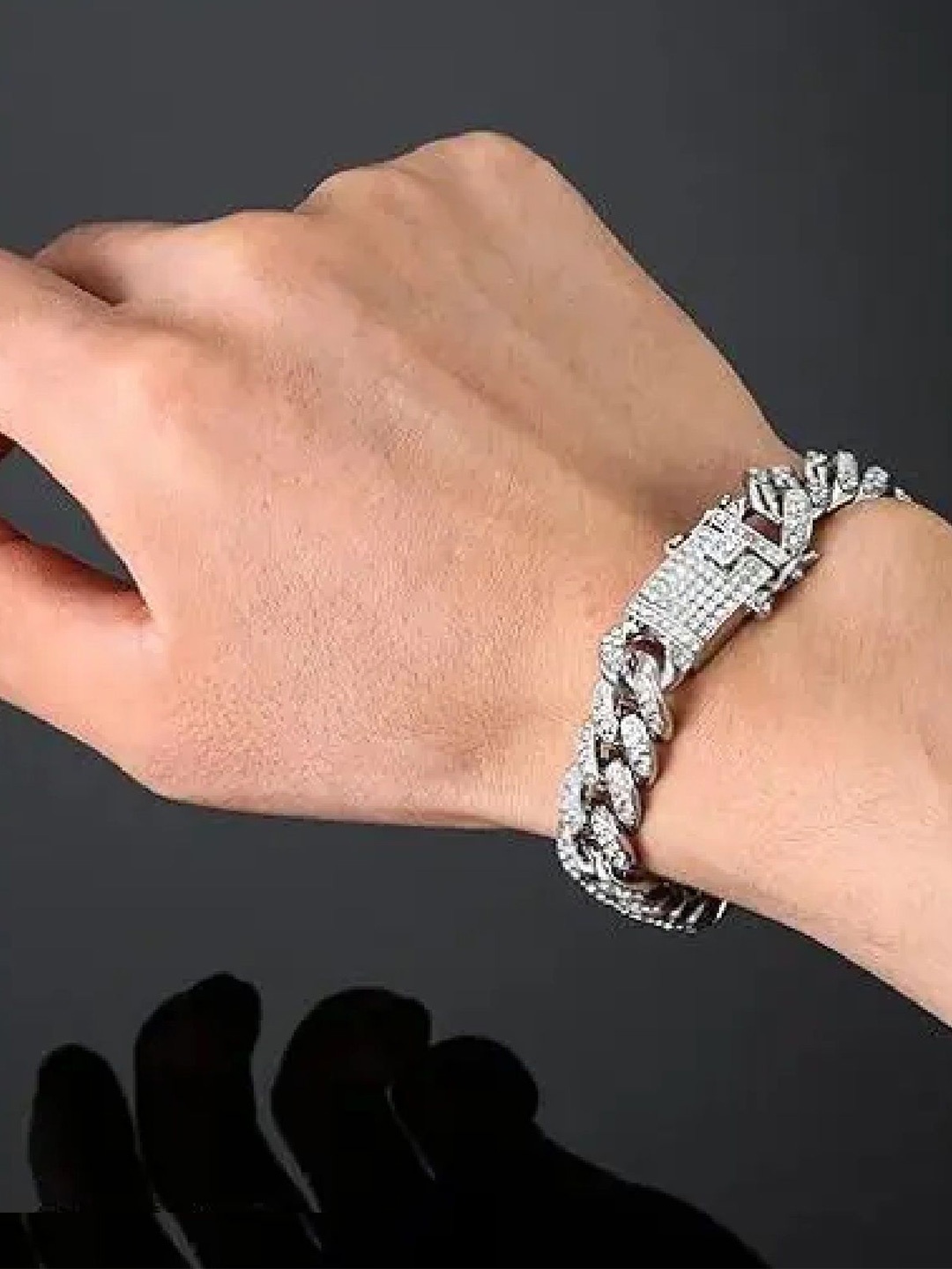 

RUHI COLLECTION Unisex Silver-Plated Stainless Steel CZ-Stone Studded Link Chain Bracelet