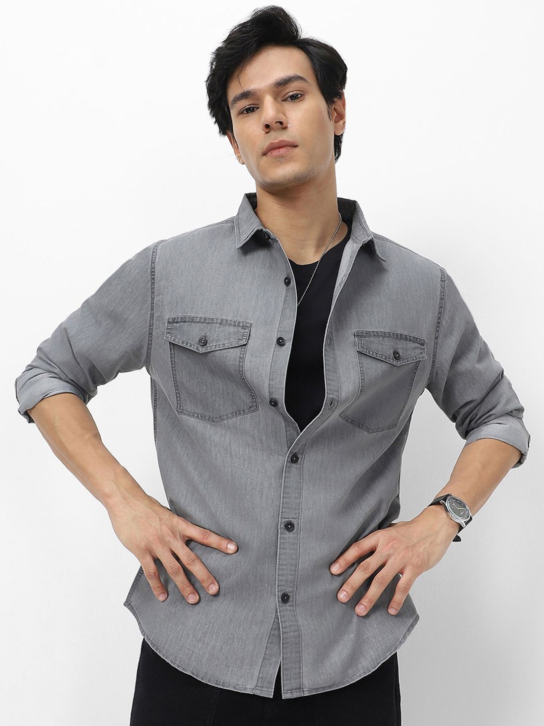 

Urbano Fashion Men Full Sleeve Regular Fit Casual Denim Shirt, Grey