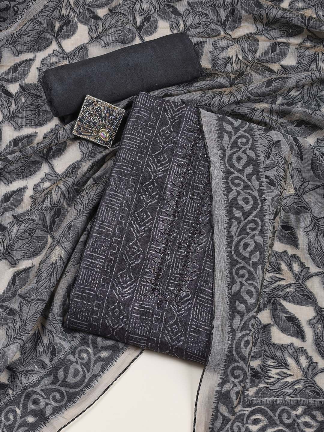 

Meena Bazaar Printed Art Silk Unstitched Dress Material, Black