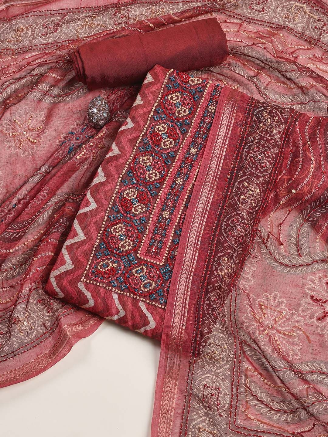 

Meena Bazaar Printed Art Silk Unstitched Dress Material, Rust