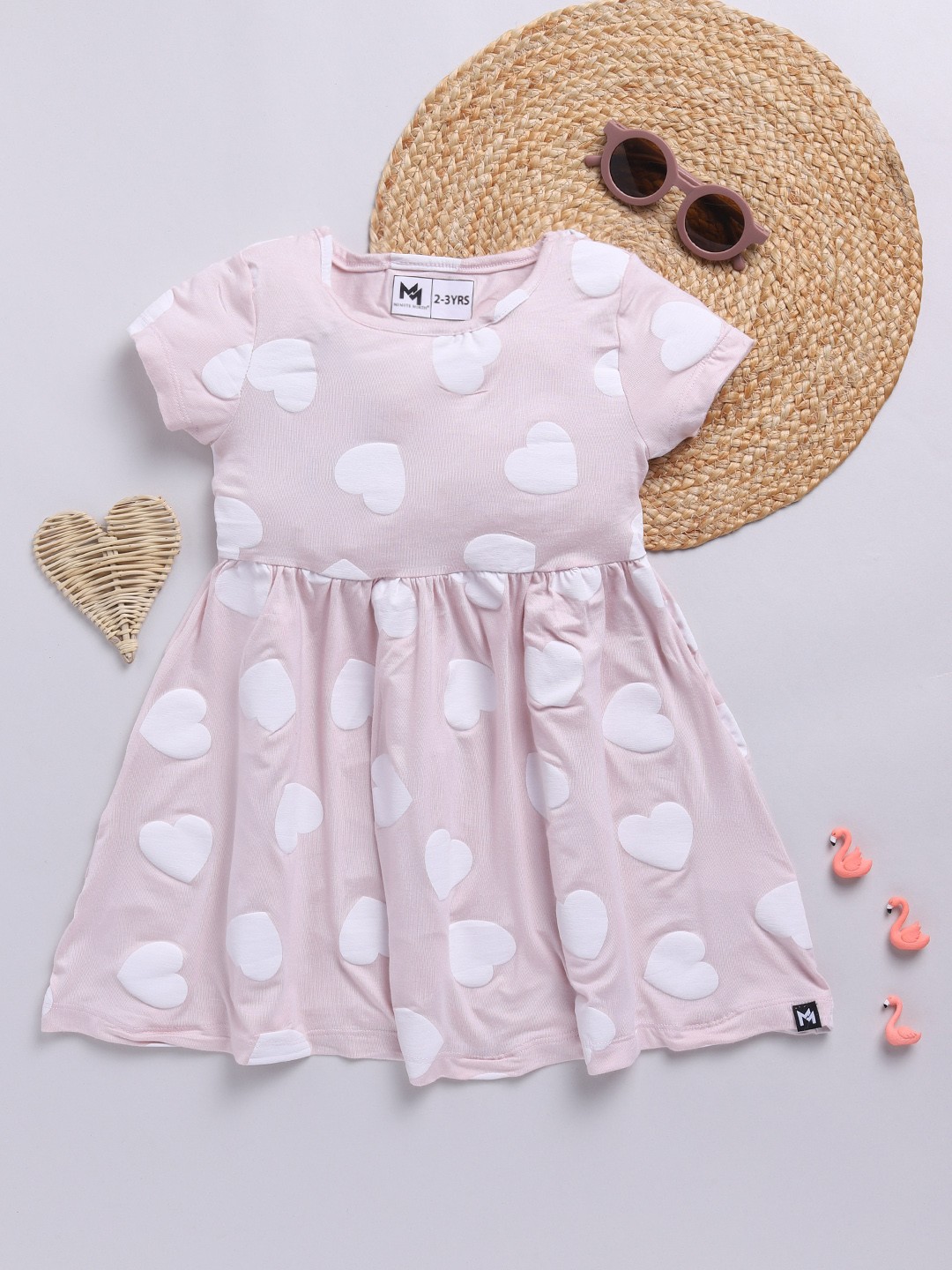 

YK X Minute Mirth Hearts Print Cotton Fit & Flare Dress, Nude