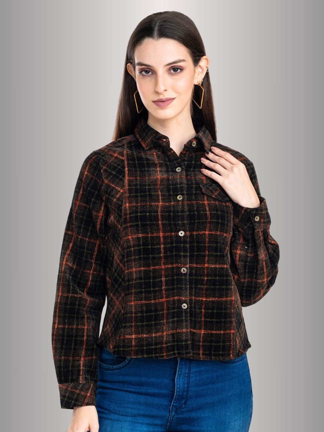 

Moda Elementi Women Classic Fit Spread Collar Checked Cotton Casual Shirt, Brown