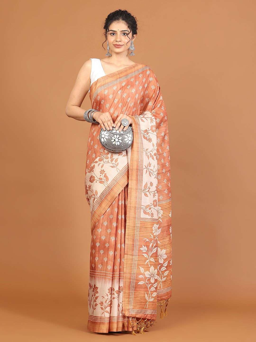 

Meena Bazaar Art Silk Tussar Saree, Orange